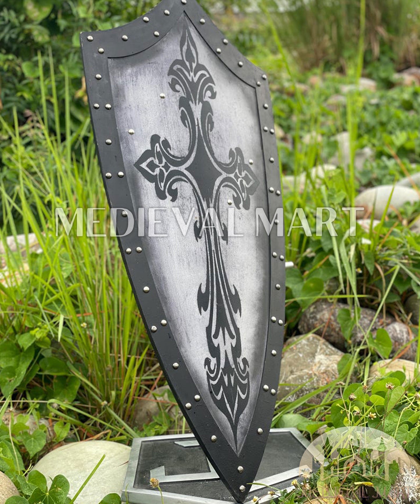 MEDIEVALMART Medieval Templar Spanian Cross Inspired Wooden Shield Black & Siver Finish | Gift for Christmas Day