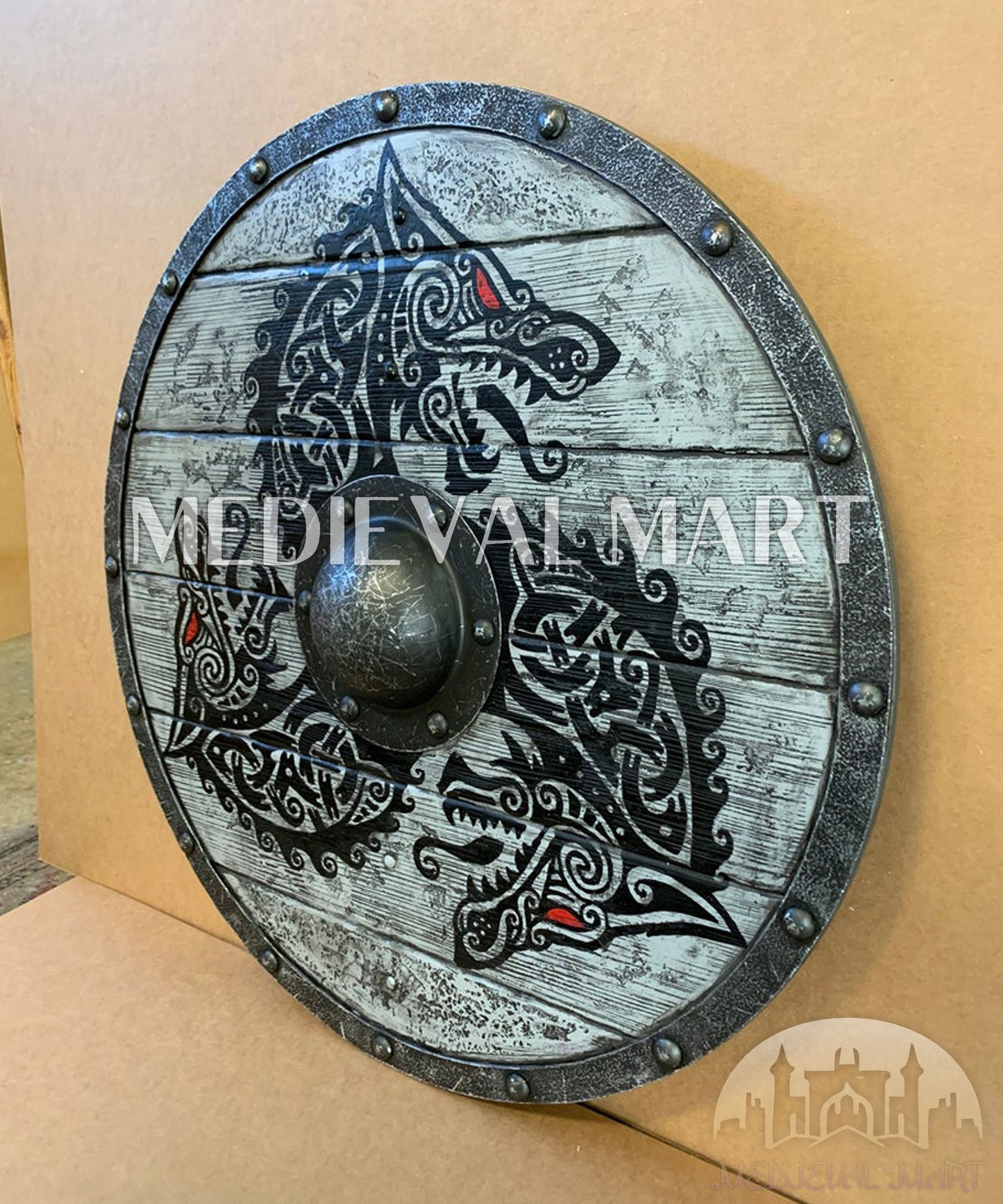 MEDIEVALMART Viking's Fenrir Gray Athena’s Authentic Battleworn Viking Wooden Shield | Gifts For Dad