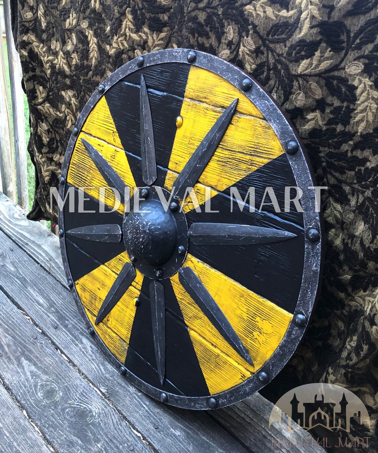 MEDIEVALMART Iconic Viking's Jarl Borg Iron Spikes Battleworn Viking Wooden Shield | Gifts For Dad