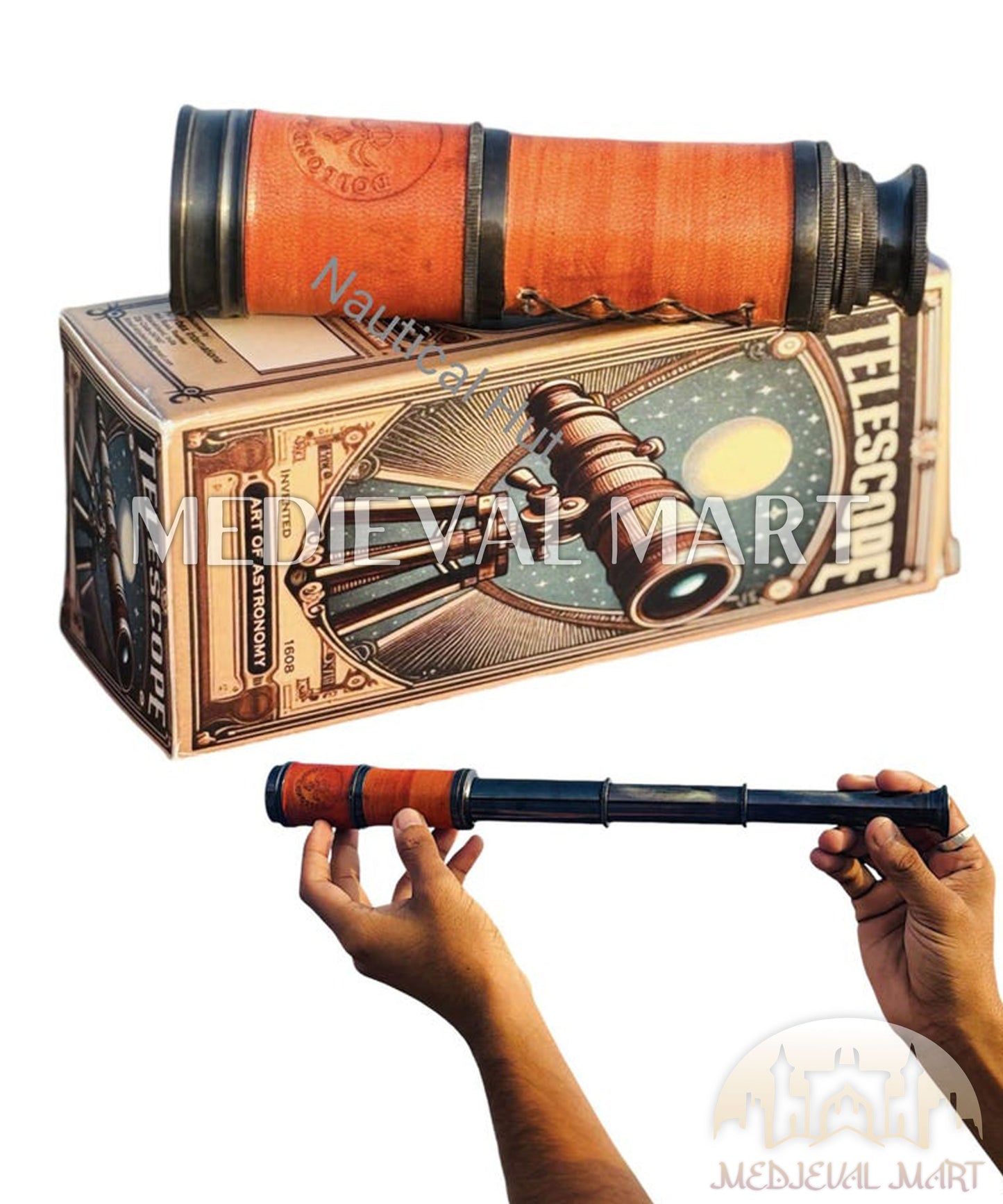 MEDIEVALMART Antique Style Black Brass Marine Telescope With Leather Box Gift for Mom