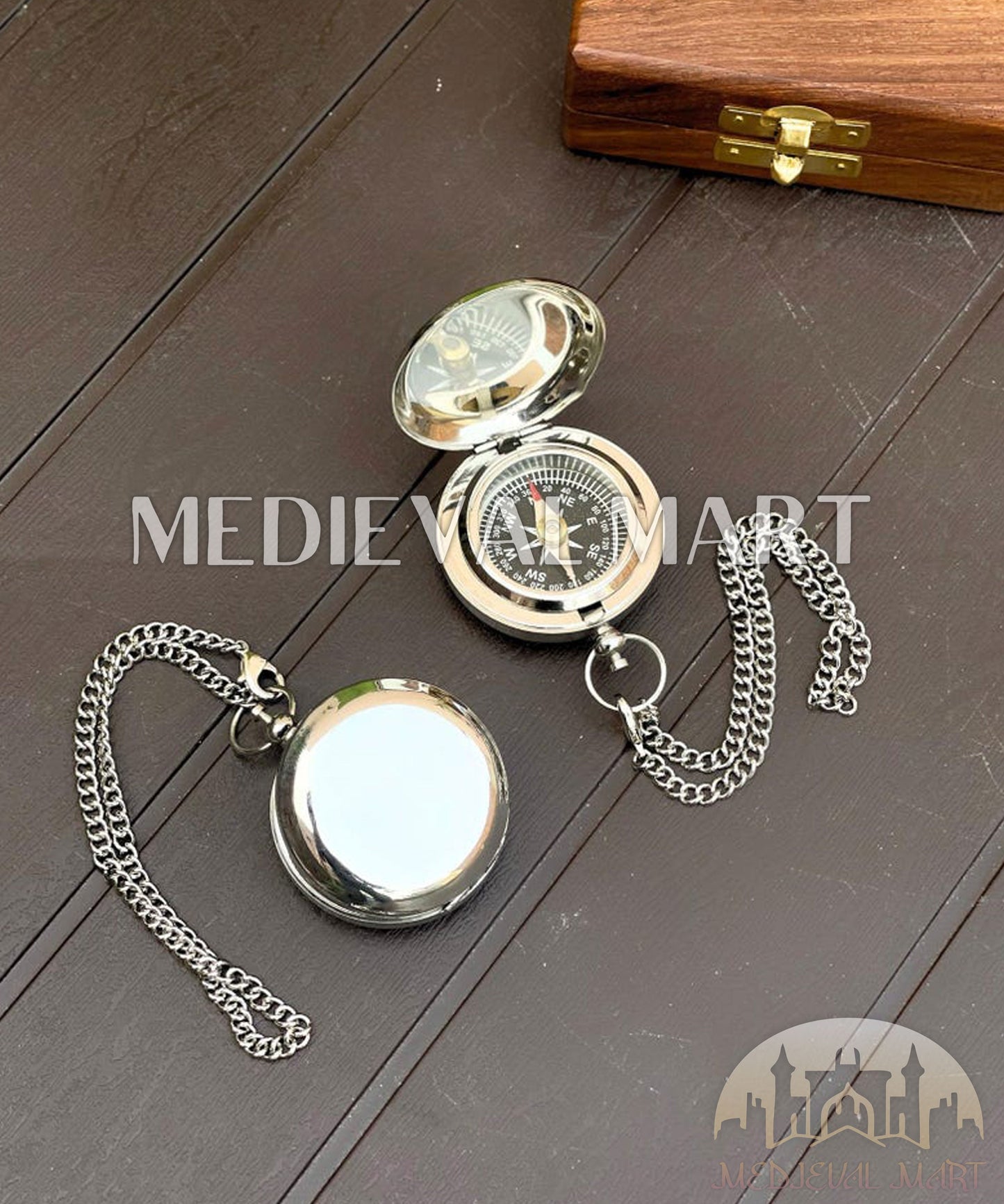 MEDIEVALMART Chrome Plate Nautical Engrave Locket Compass Silver Finish W/H Gen-2 Wooden Case | Gift For Mom
