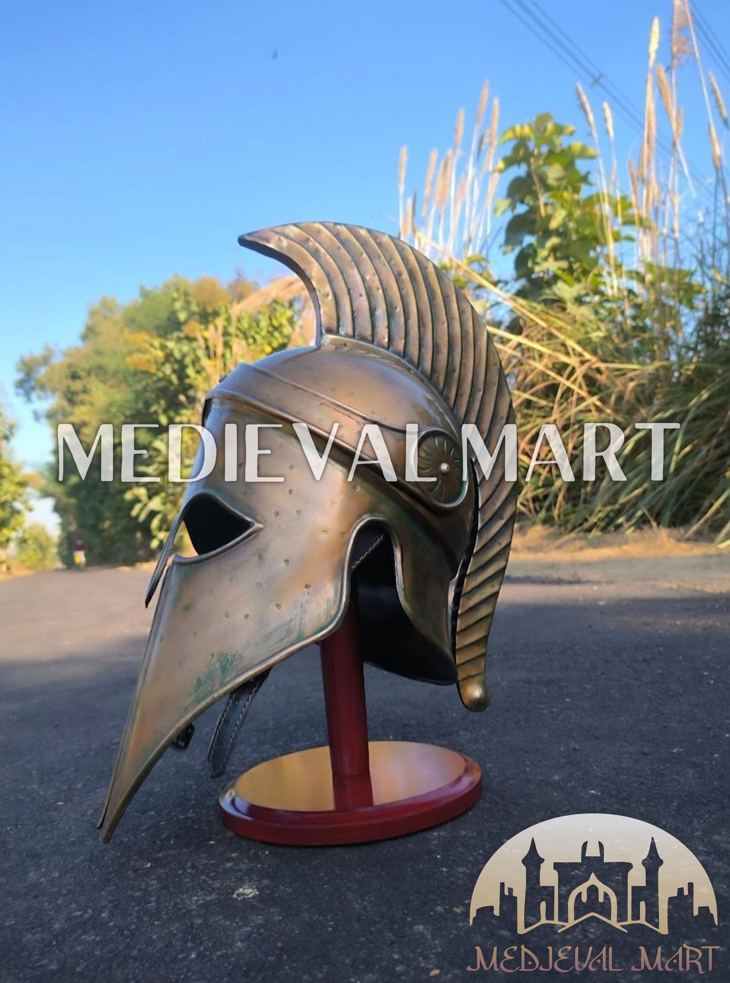 MEDIEVALMART Corinthian Greek Knight Crusader Spartan Helmet W/H Free Stand | 300 Props