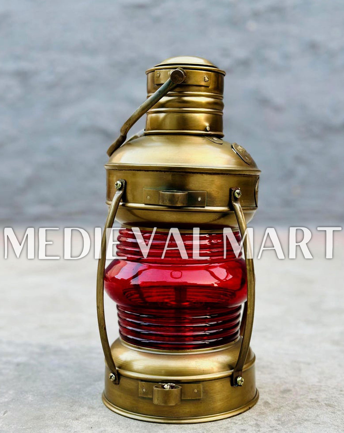 MEDIEVALMART Nautical Vintage Brass Green Glass Ship Oil Lamp - Personal Engraving Marine Lantern