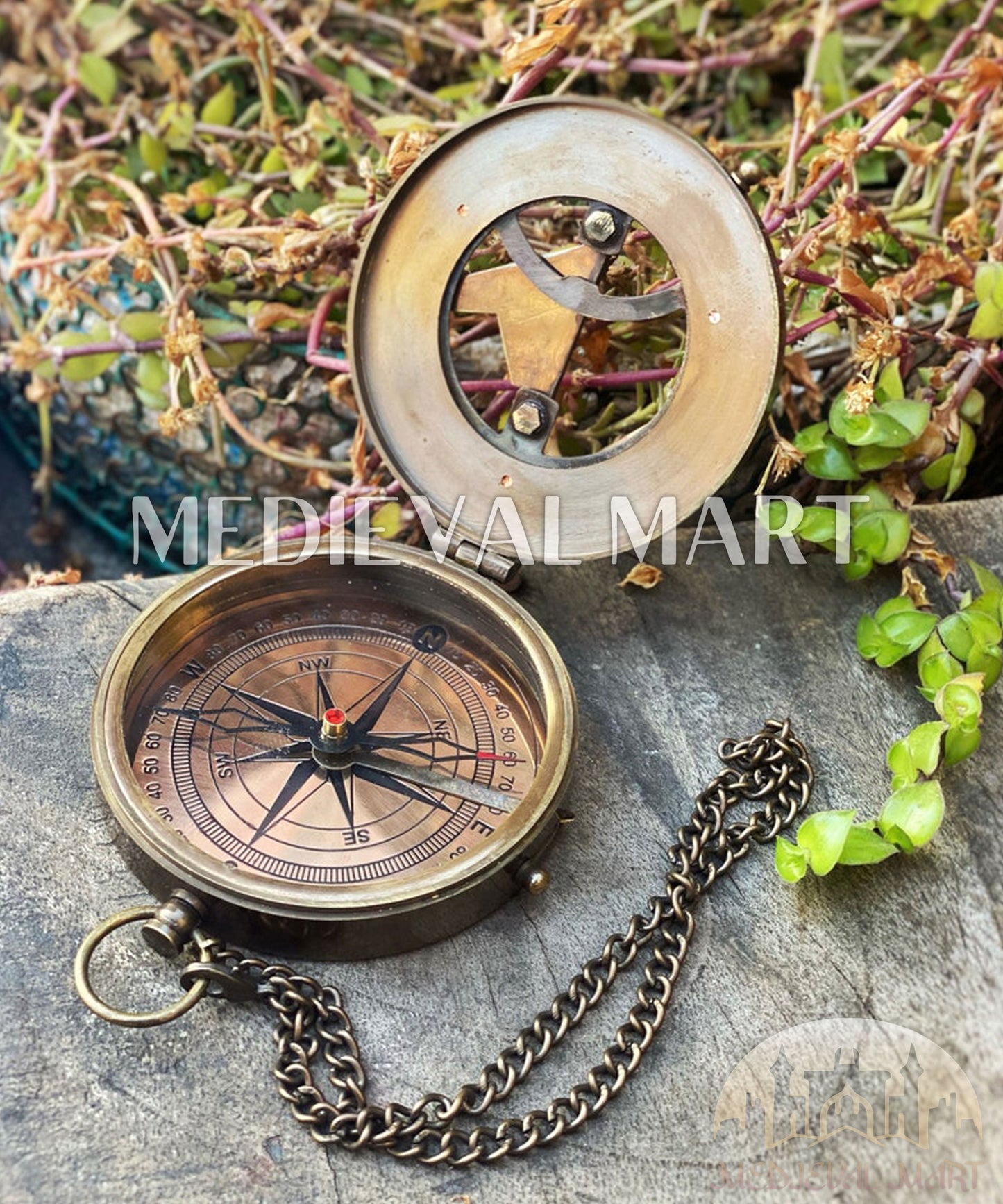 MEDIEVALMART Nautical Custom Engrave Sundial Clock Style Compass Gold Finish W/H Leather Case | Gift For Compass