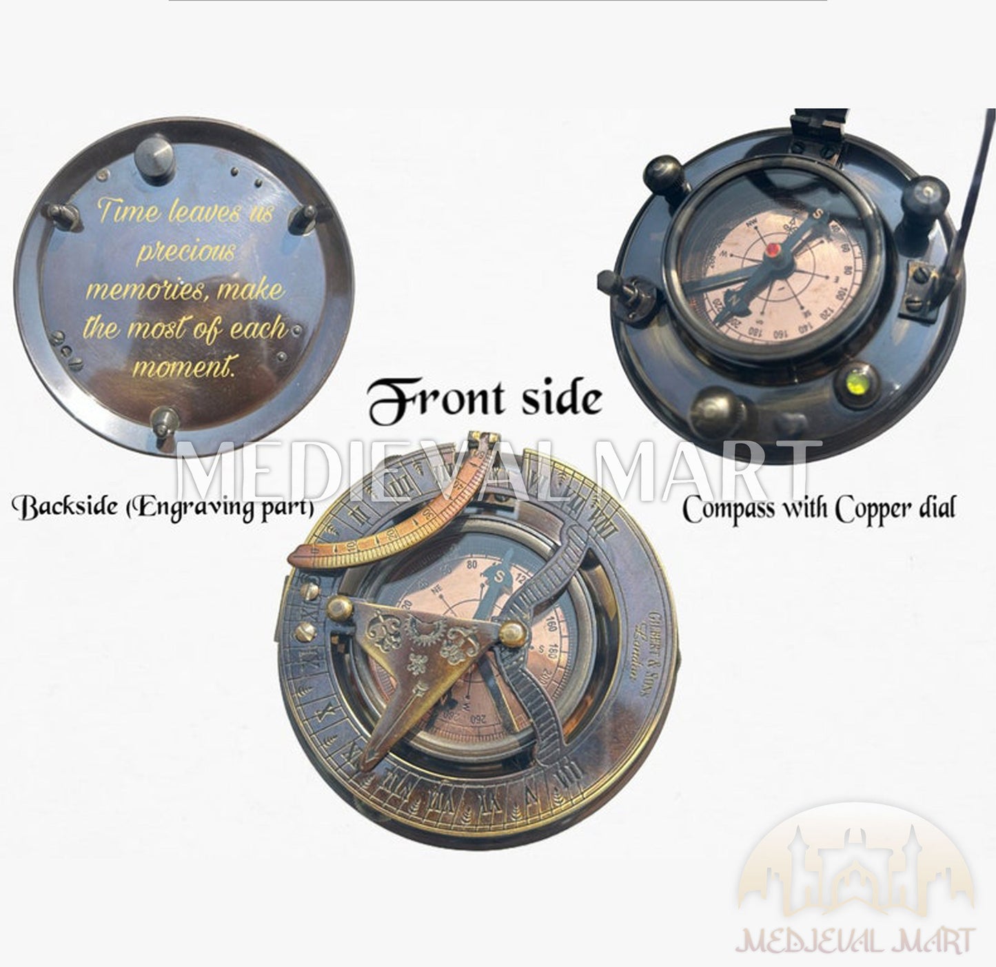 MEDIEVALMART Nautical Custom Engrave Sundial Working Compass Antique Black Finish | Gift For Dad & Mom