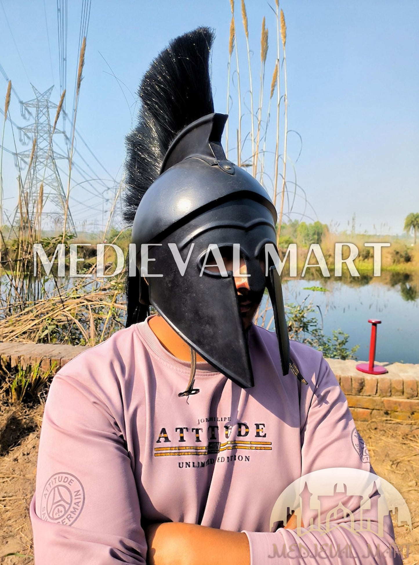 MEDIEVALMART Corinthian Greek Knight Crusader Black Finish Spartan Helmet W/H Free Stand | 300 Props