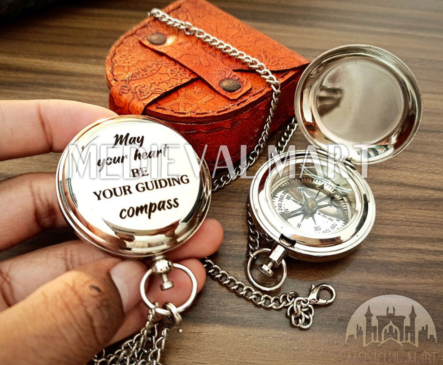 MEDIEVALMART Personalized Cute Pocket Compass Chrome Finish W/H GEN-2 Wooden Box | Gift For Her