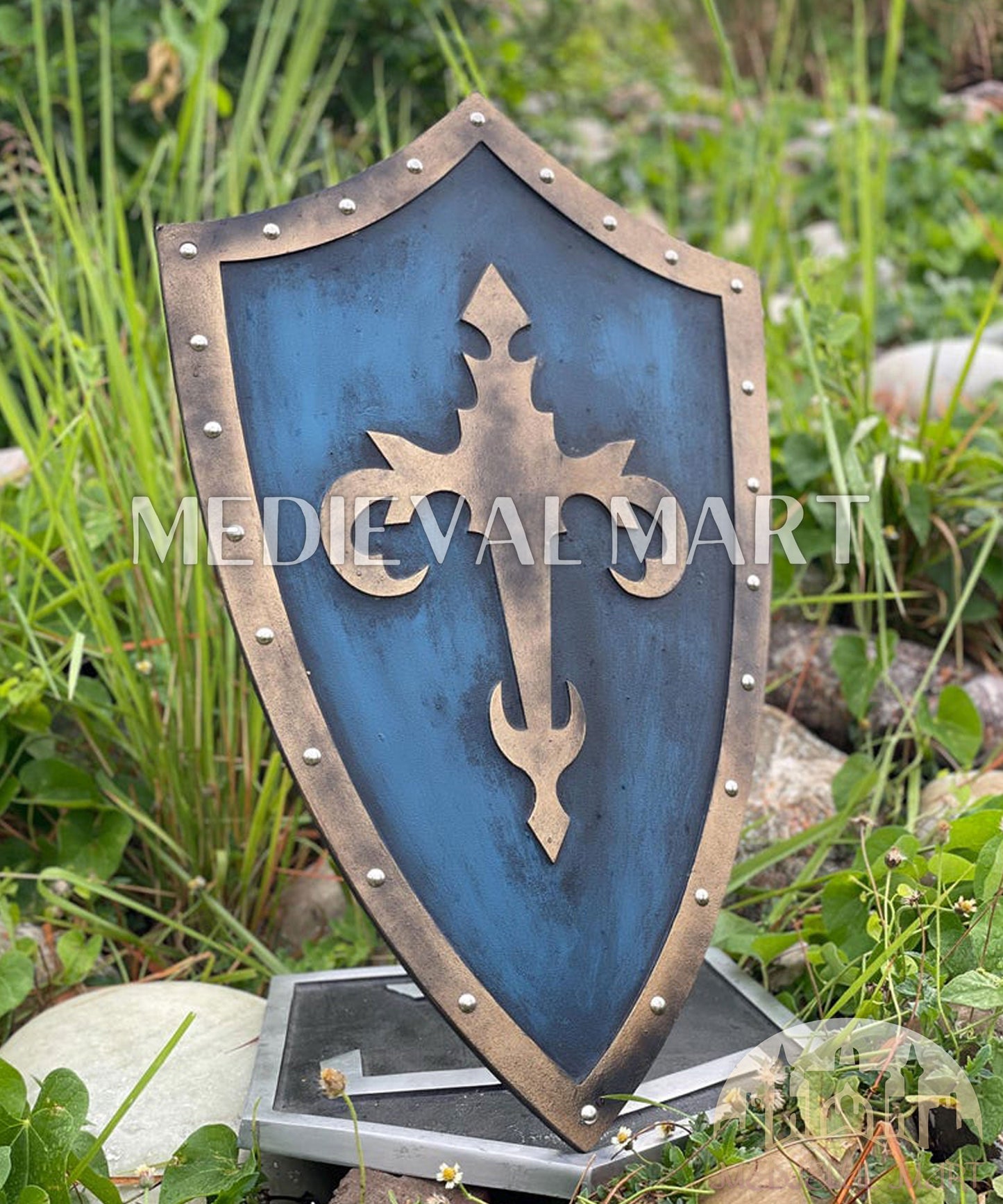 MEDIEVALMART Medieval Templar Devil Zelda Cross Inspired Wooden Shield Bliue & Gold Finish | Gift for Christmas Day