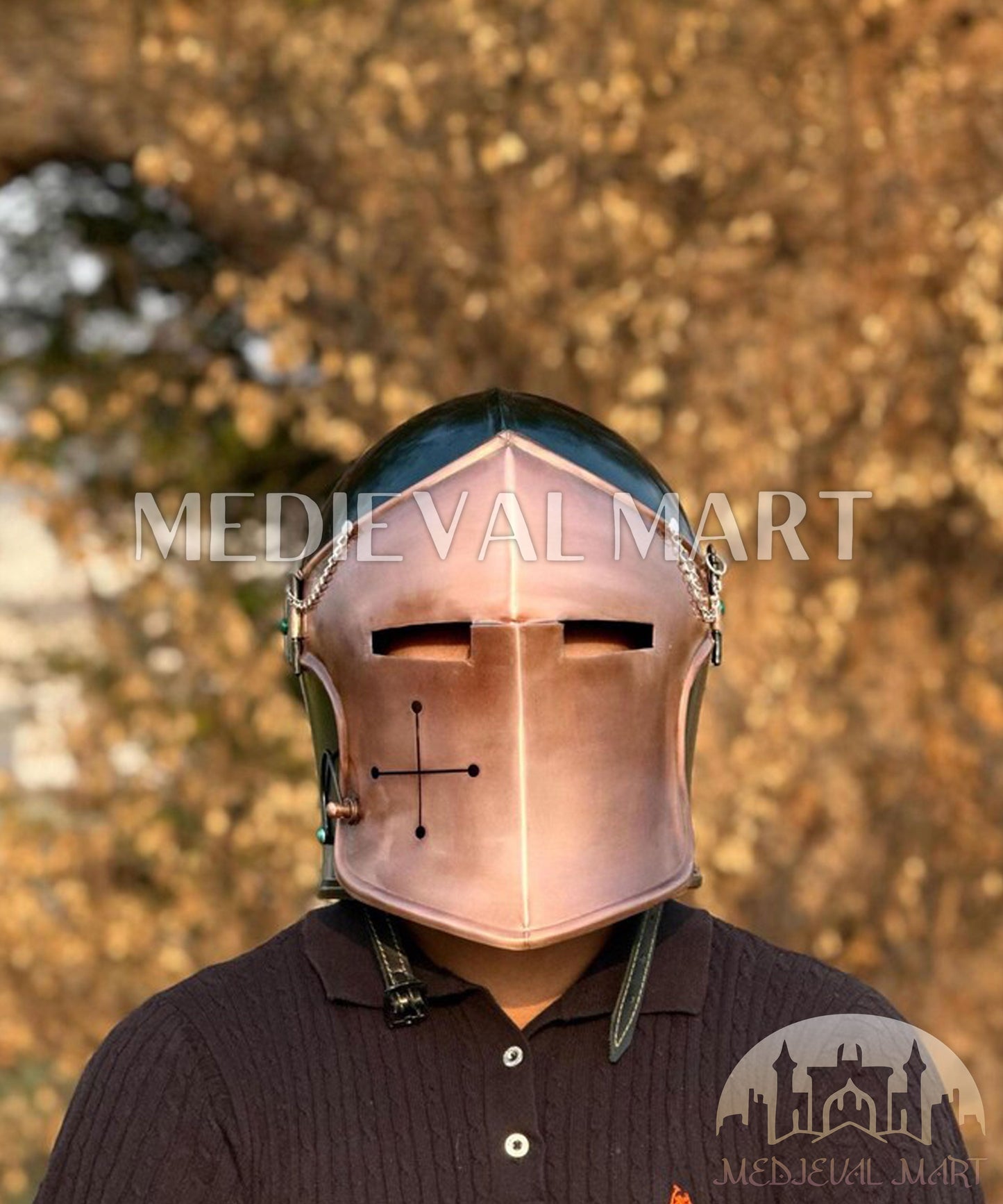 MEDIEVALMART Medieval Knight Armor 18g Mild Steel Copper Green Barbuta Helmet for LARP or Cosplay - Gift For Dad