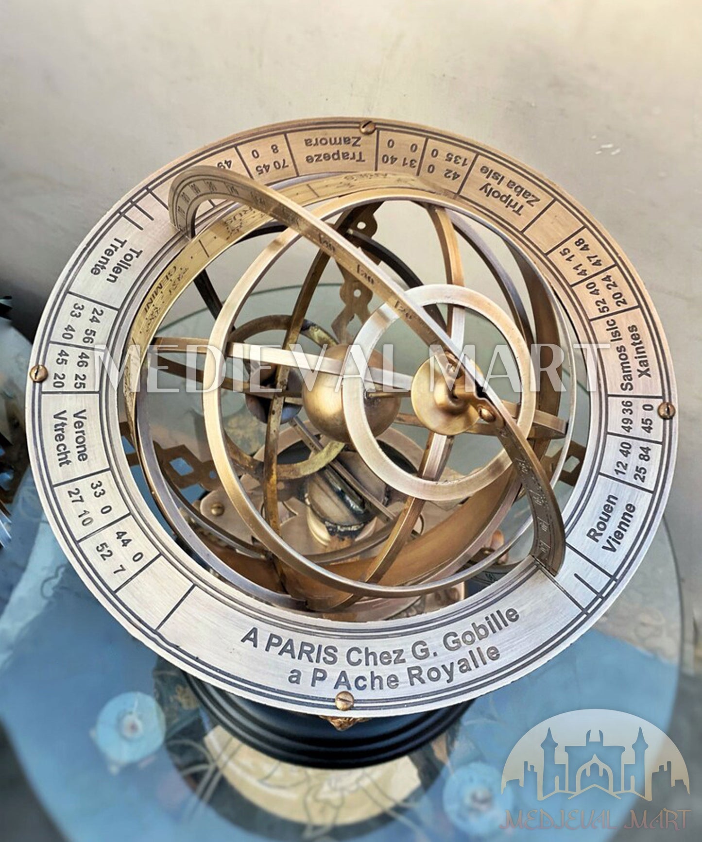 MEDIEVALMART 18'' Brass Antique Armillary Globe With Direction Compass on Wooden Base | Christmas Gifts, Gift for Dad, Gift for Mom