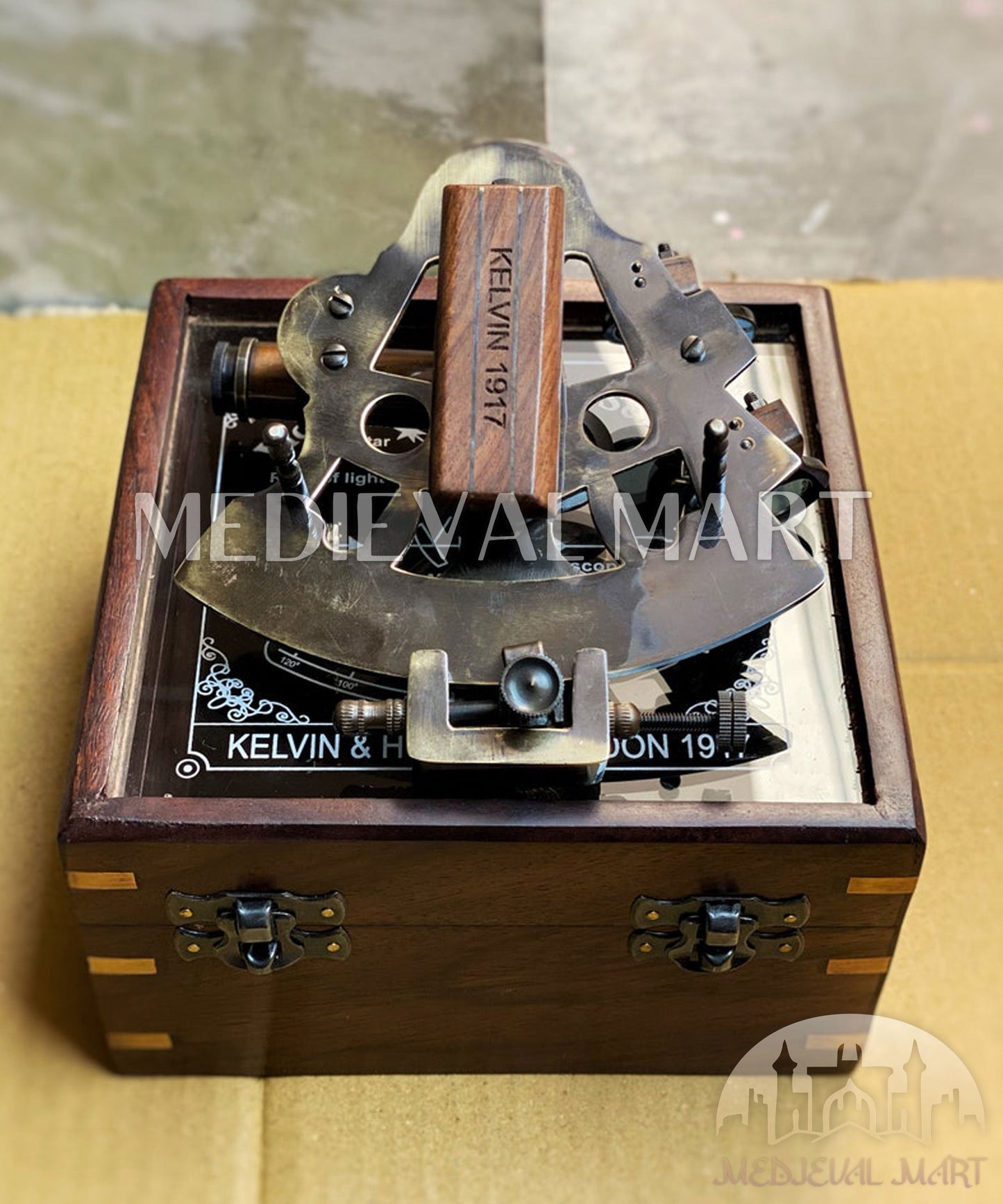 MEDIEVALMART Nautical Working Brass Kelvin Sextant W/H Transparent Wooden Case | Vintage Maritime Precision Astrolabe Ship Instrument, Christmas Gifts