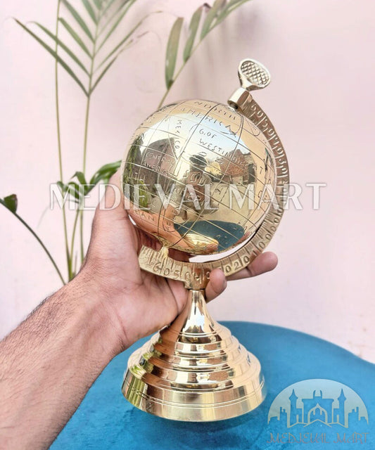 MEDIEVALMART Handmade Brass World Globe with Stand: Vintage Desk Decor, Gift for Dad
