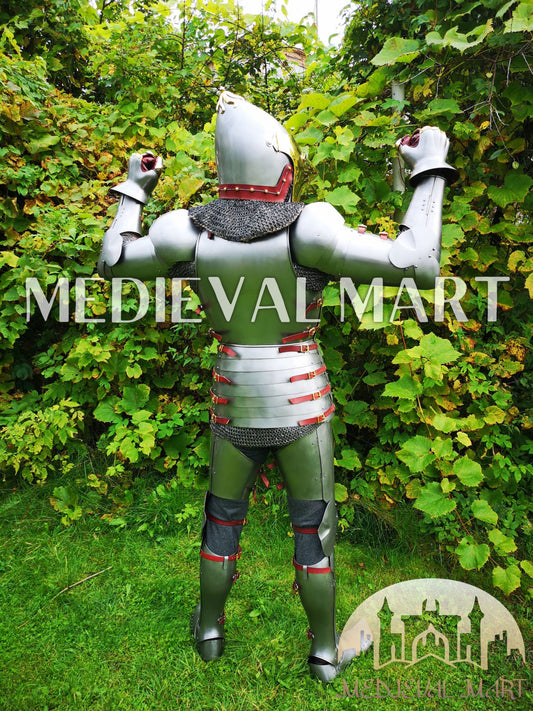 MEDIEVALMART 15th-Century English knight Warrior Gothic Plate Armor Costume W/H Gold Face Hounskull Helmet