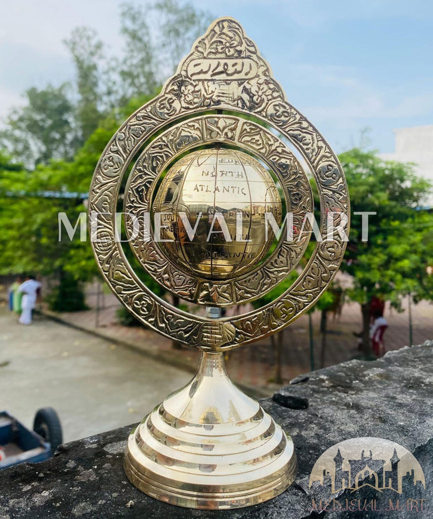 MEDIEVALMART Handmade Antique Brass World Globe for Desk Decor Armillary Home Office Interior Gift For Dad