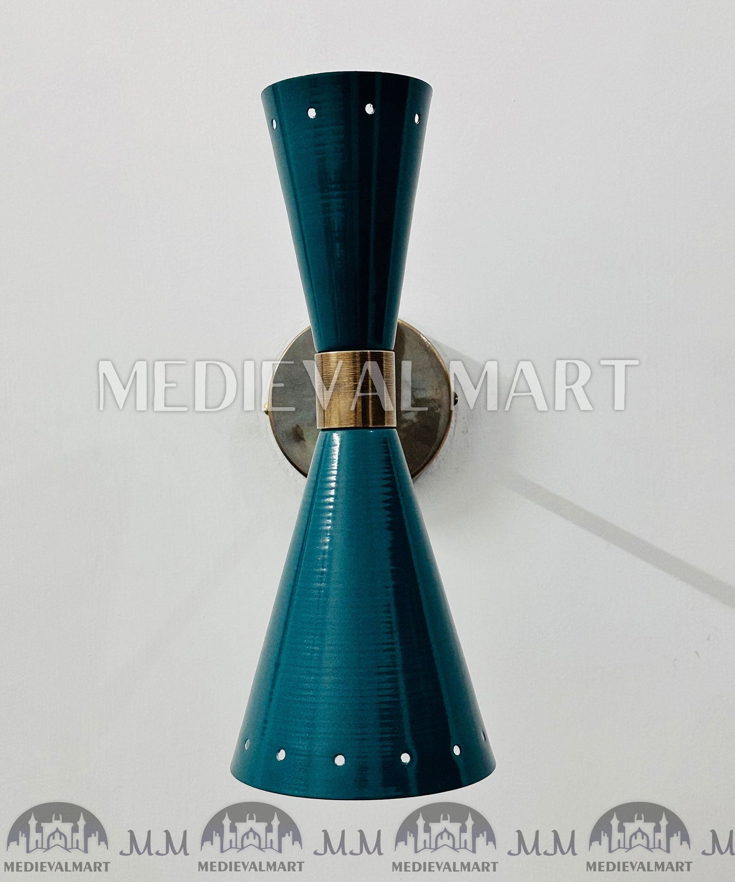 MEDIEVALMART Turquoise Brass Wall Sconce: Mid Century Italian Stilnovo Lighting