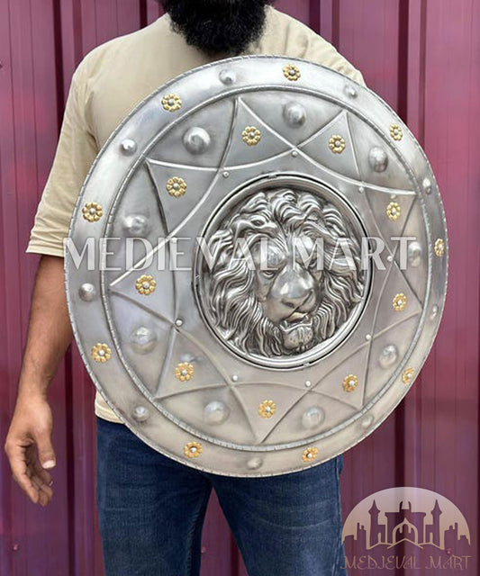 MEDIEVALMART Medieval Iconic Spratan Lion Face Shield W/H Silver Finish | Gift for Dad