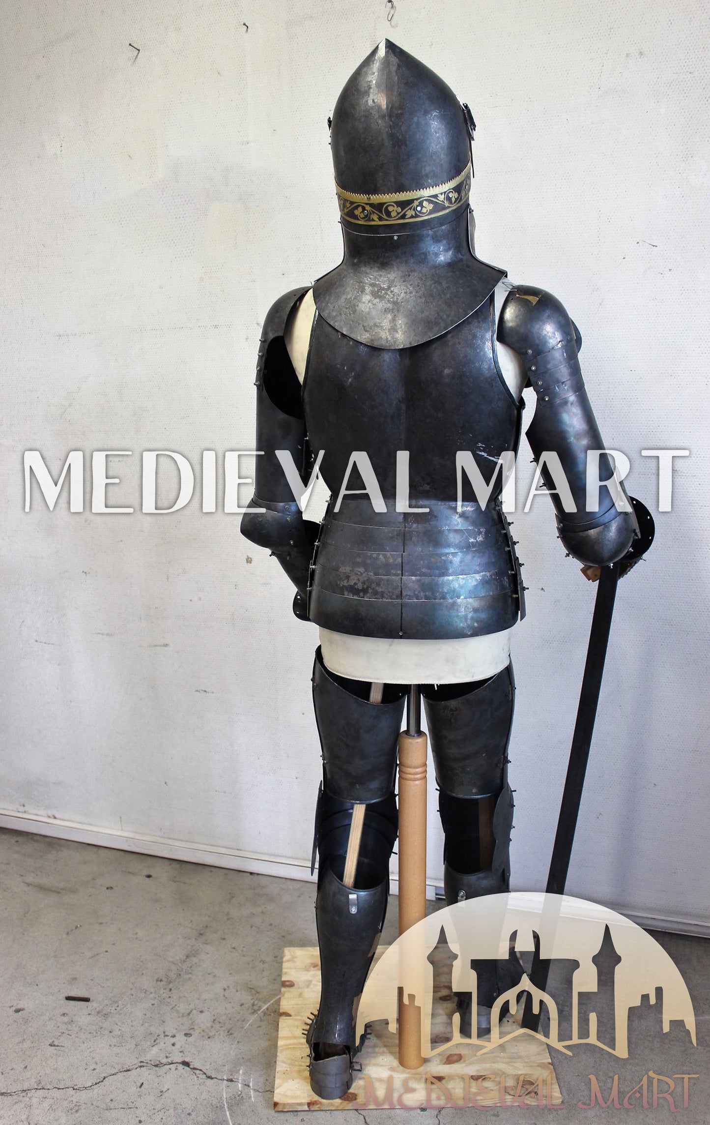 MEDIEVALMART German Medieval Full Body Black Armor Costume W/H “Eisenkopf” Bacinet Helmet
