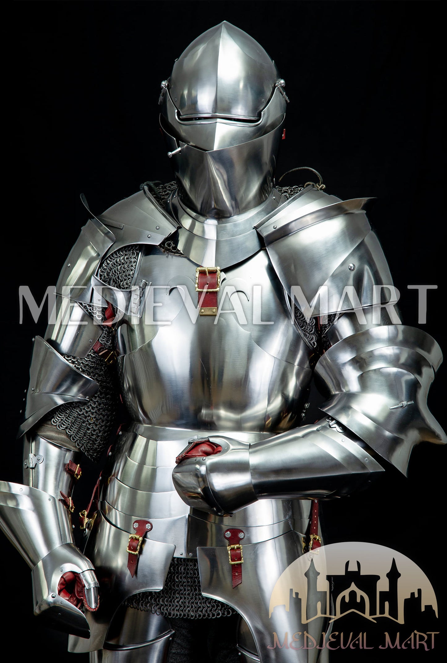 MEDIEVALMART 14th-Cen European English Hardend Steel Plate Armor Buff Polish W/H Houndskull Closed Bascinet