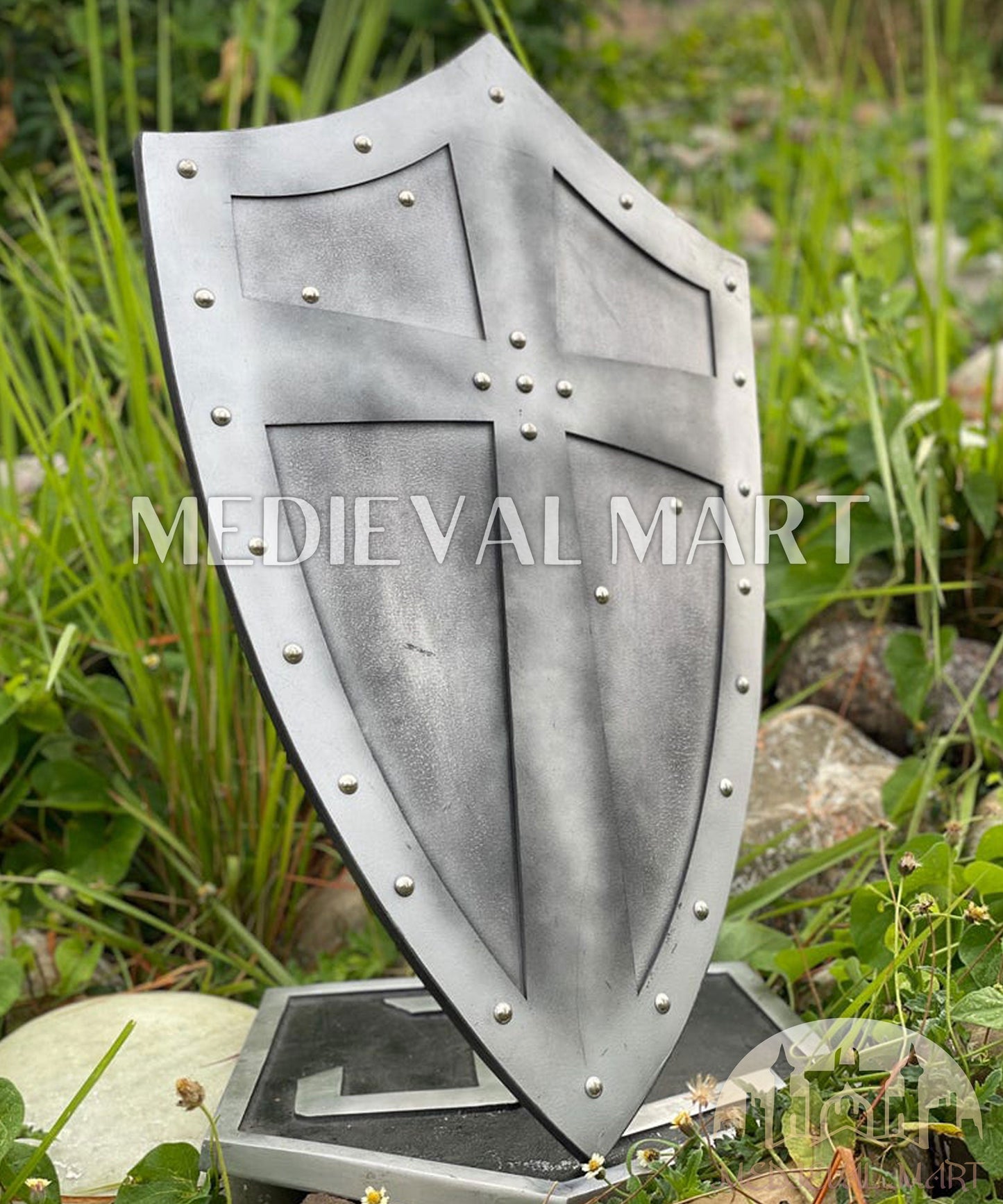 MEDIEVALMART Medieval Templar Salebi Cross Inspired Wooden Shield Black & Siver Finish | Gift for Christmas Day