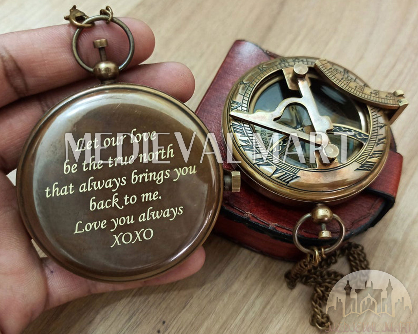 MEDIEVALMART Personal Engrave Sundial Clock Nautical Compass W/H Gen-1 Wooden Box | Gift For Her