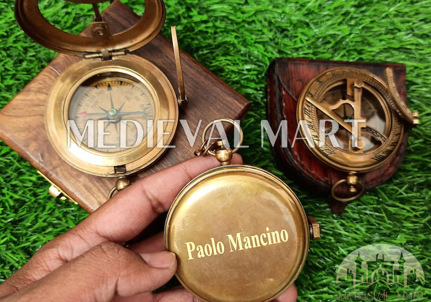 MEDIEVALMART Nautical Pirates Personalized Sun Clock Pocket Compass Gold Finish W/H Gen-1 Wooden Case | Gift For Him