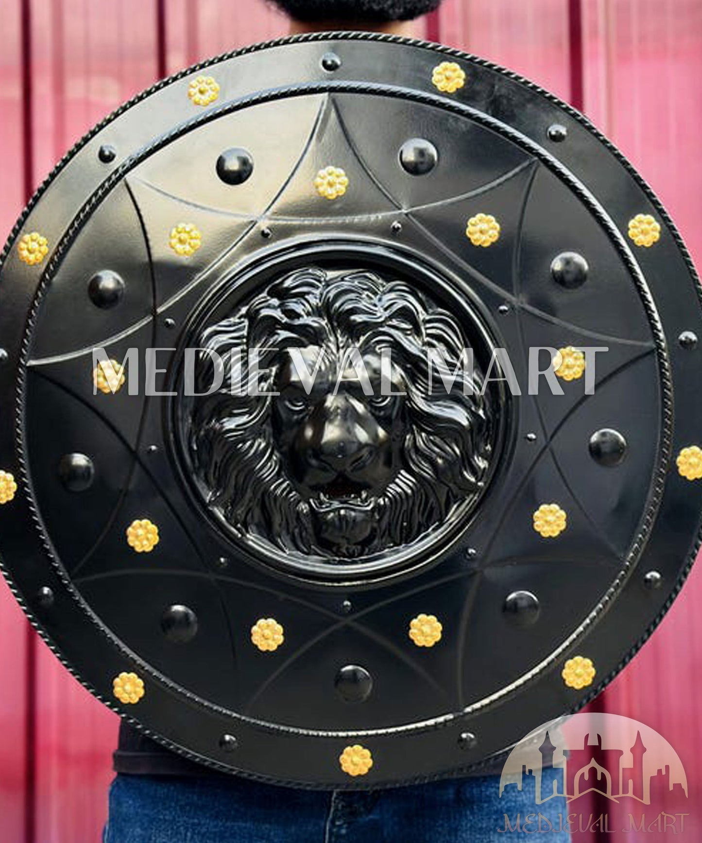 MEDIEVALMART Medieval Spartan Exclusive Gold Lion Face Shield W/H Black Finish | Gift for Dad