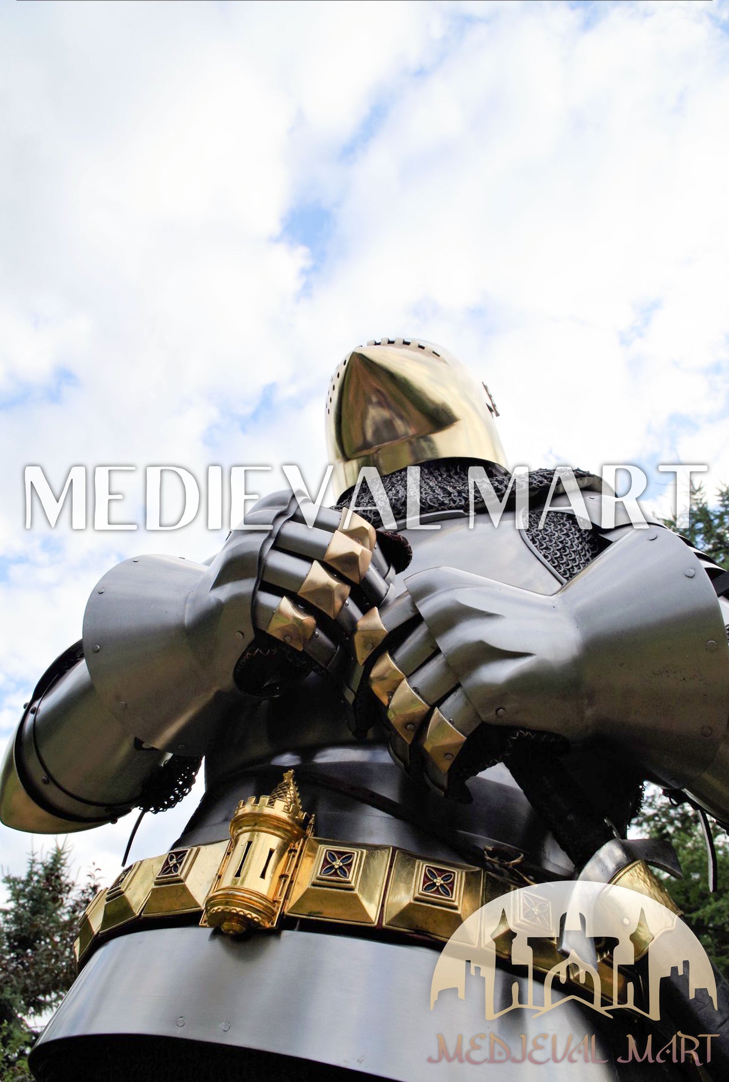 MEDIEVALMART Historical Knight Full Body Steel Armor Suit W/H Hundsgugel Helmet, Cuirass Stop Rib or Brass Touch