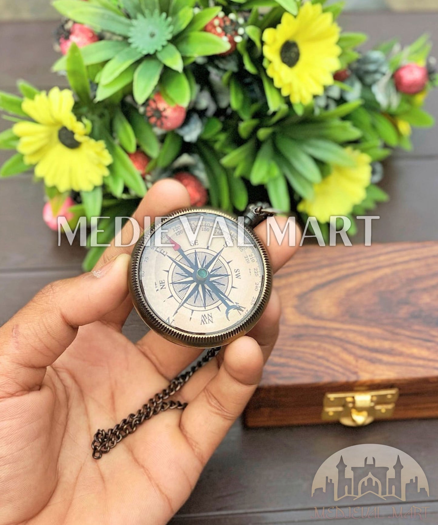 MEDIEVALMART Personalized Antique Finish Locket Compass W/H GEN-2 Custom Wooden Case | Gifts For Her or Mom