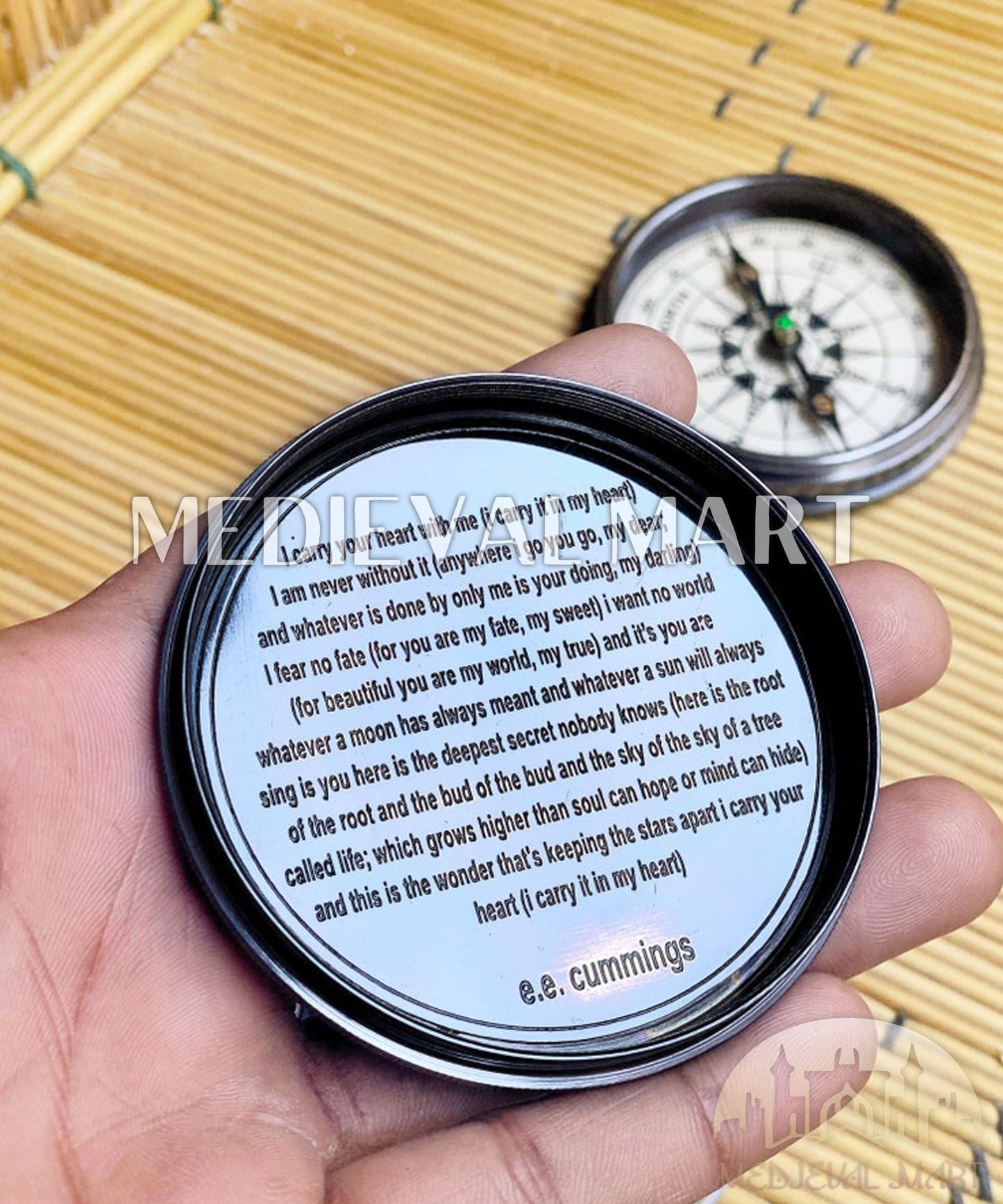 MEDIEVALMART Nautical Engrave Adventure Compass Black Finish W/H Gen-1 Wooden Case | Gift For Him