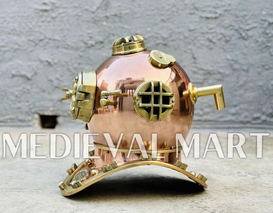MEDIEVALMART Nautical Rose Gold Finish Diving Helmet With Wooden Base