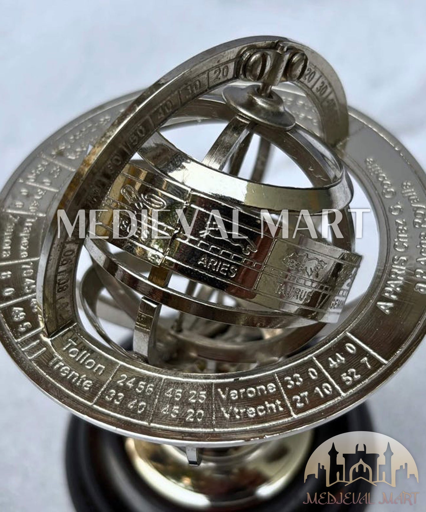 MEDIEVALMART Handmade Nickel Brass Celestial Globe: Zodiac Armillary Sphere on Wood Base Gift for Mom