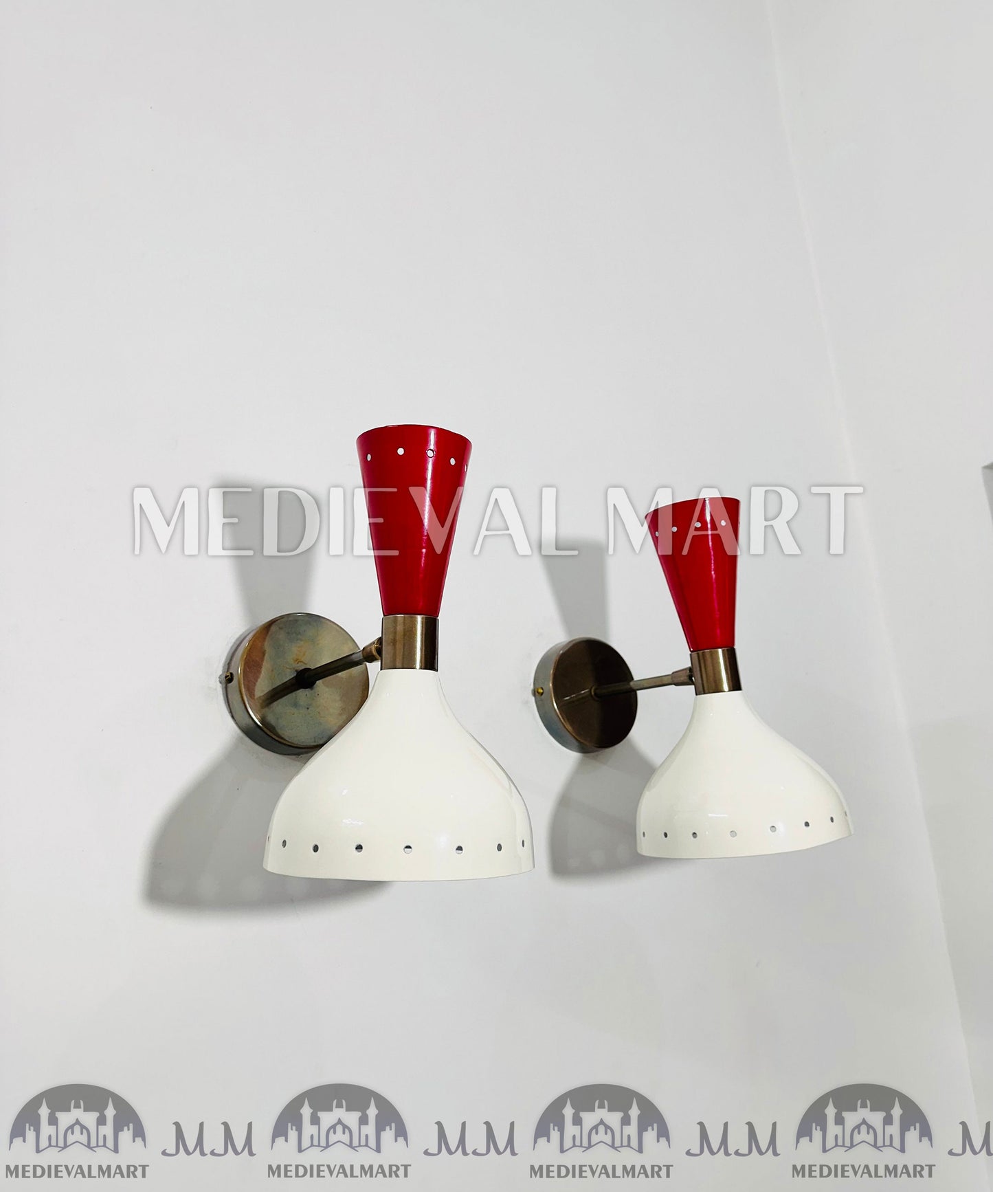 MEDIEVALMART Mid Century Brass Wall Sconce Pair: Italian Stilnovo Red & White Lamp