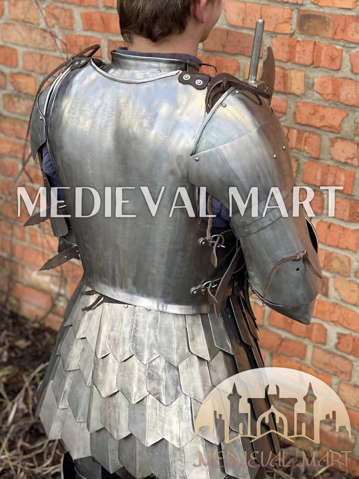 MEDIEVALMART 14th Century Knight Crusader-Era Transitional Plate Hybrid Armor W/H Wolf Ribs Bacinet & Pole Arms Hammer