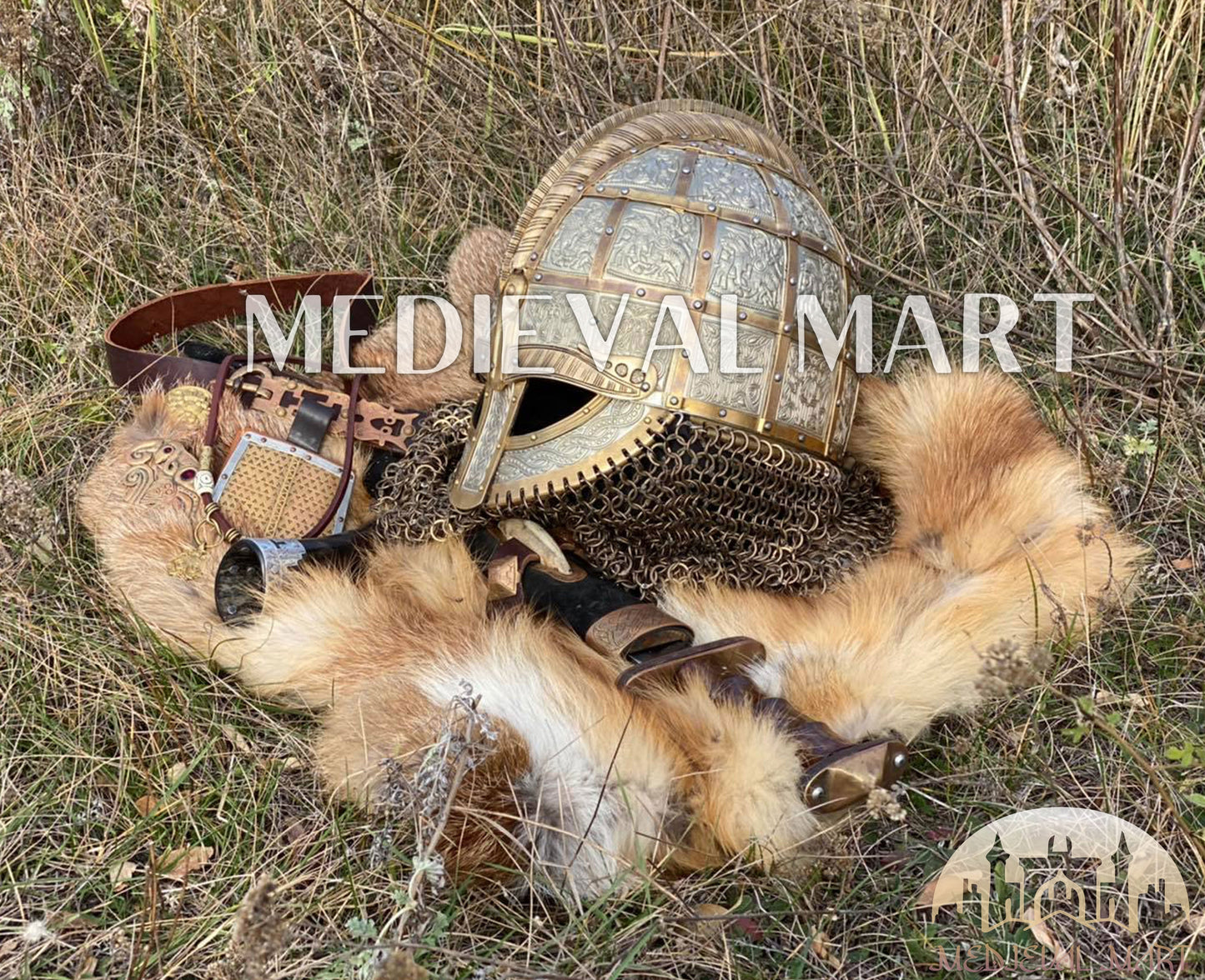 MEDIEVALMART Medieval Viking Vendel Period Broa Helmet with Bass Decoration & Titanium Chainmail