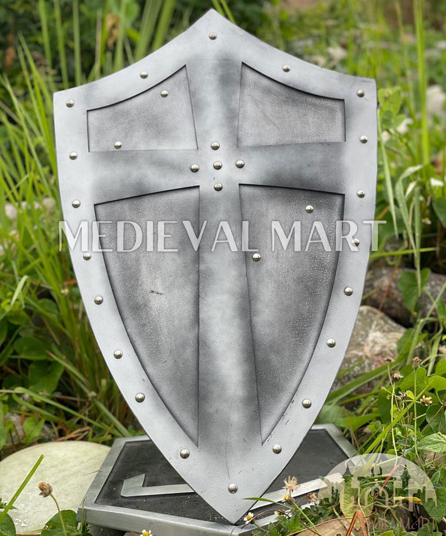 MEDIEVALMART Medieval Templar Salebi Cross Inspired Wooden Shield Black & Siver Finish | Gift for Christmas Day
