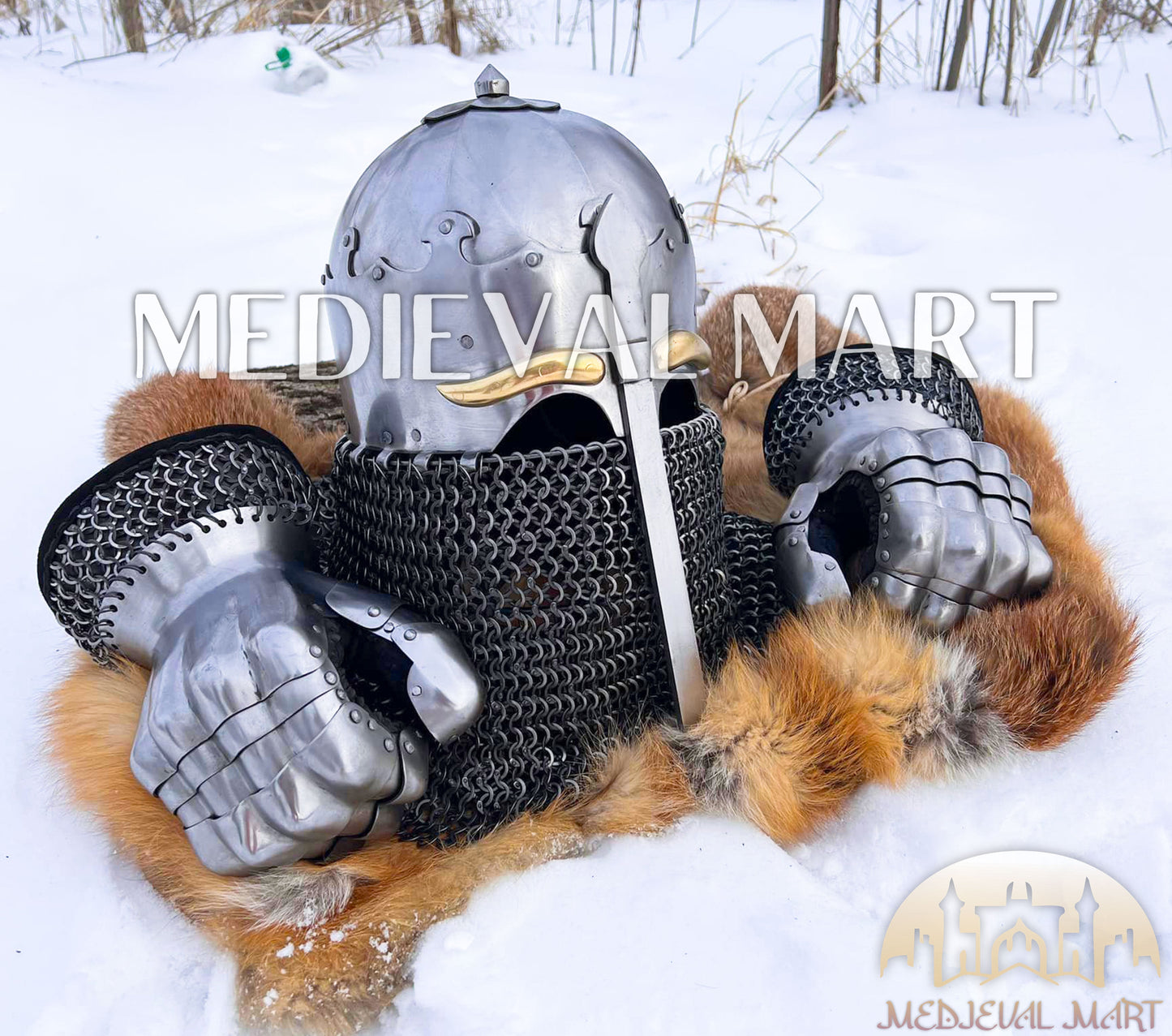 MEDIEVALMART 13th-Century Medieval Nasal Bascinet Chain Mail Helmet