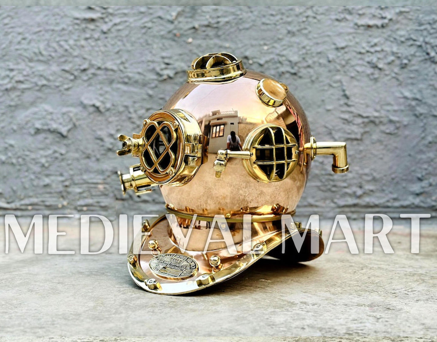 MEDIEVALMART Pure Copper Brass Diving Helmet With Wooden Base