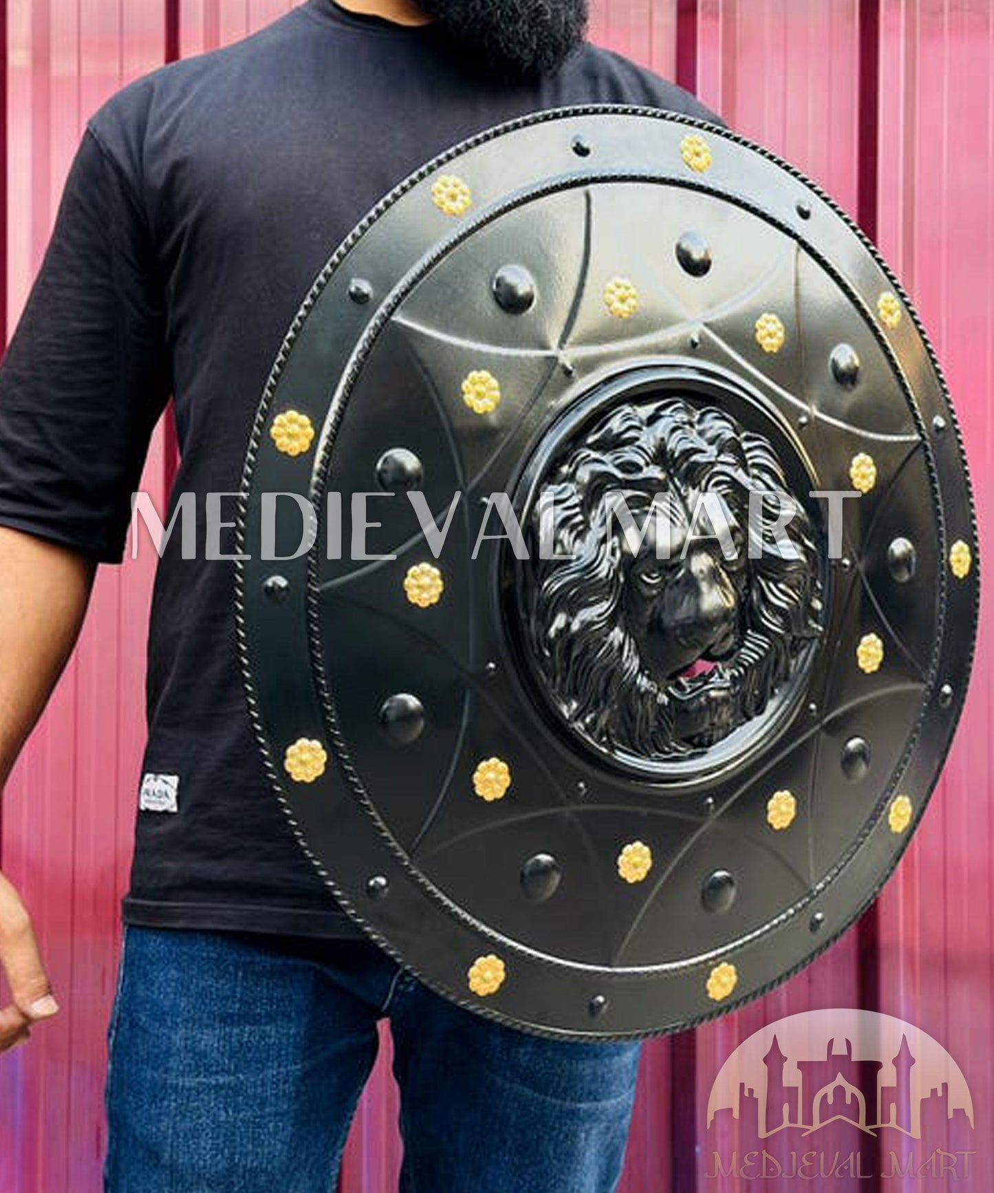 MEDIEVALMART Medieval Spartan Exclusive Gold Lion Face Shield W/H Black Finish | Gift for Dad