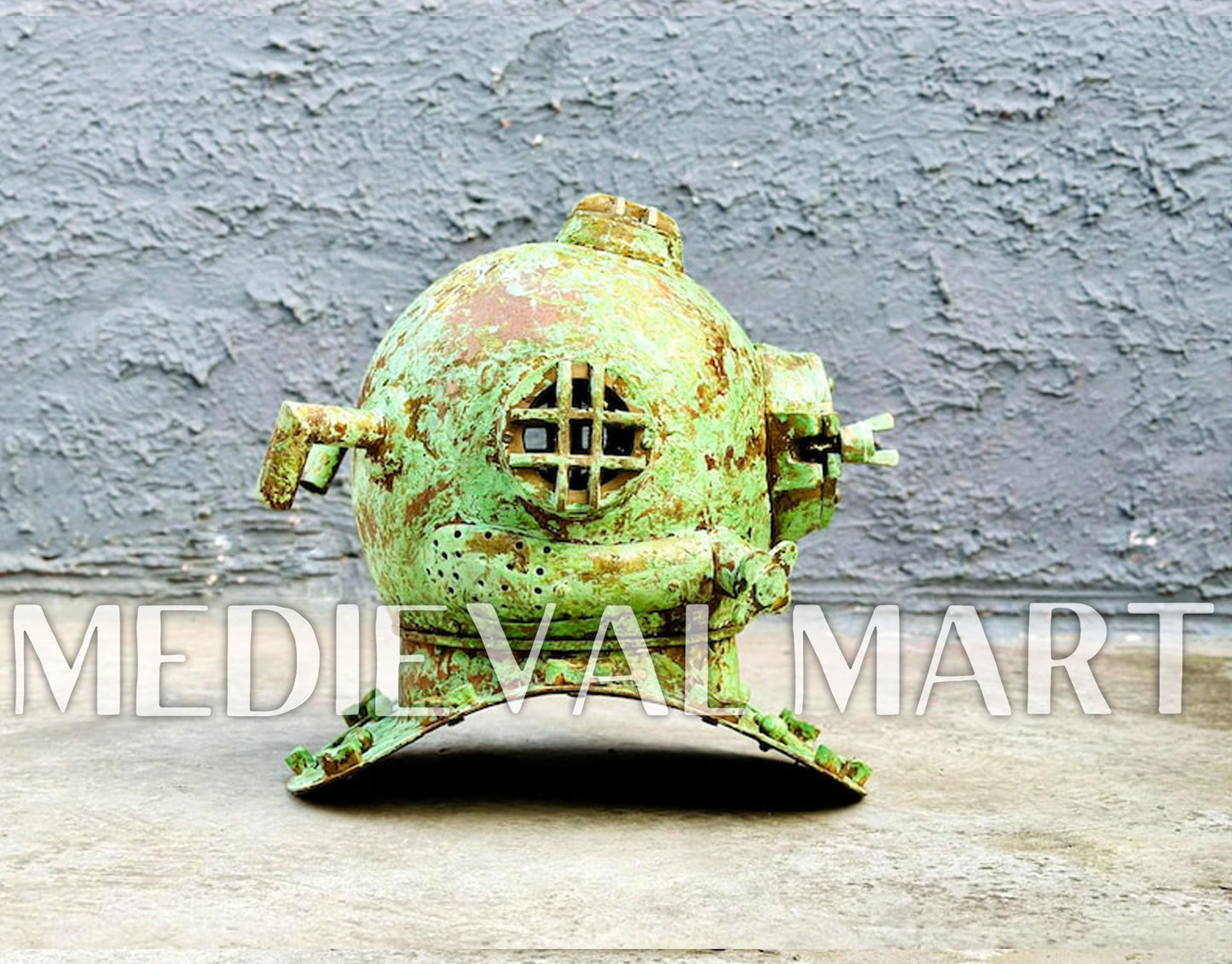 MEDIEVALMART Rusty Lite Green Diving Helmet With Wooden Base