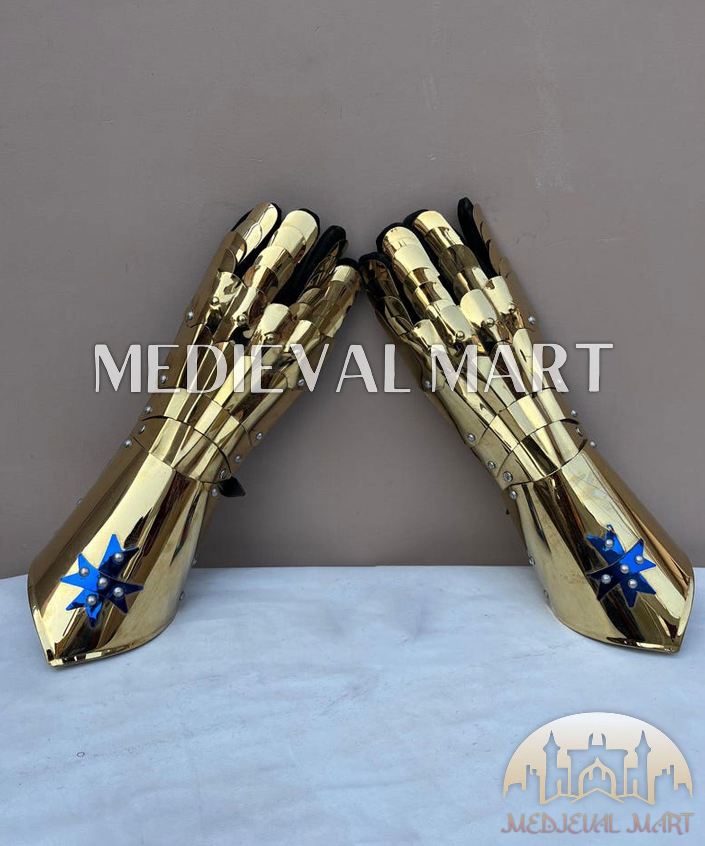 MEDIEVALMART LOTR Witcher Sauron-Inspired Gold Gauntlet Edition Set with Blue Star - Cosplay Gloves Armor