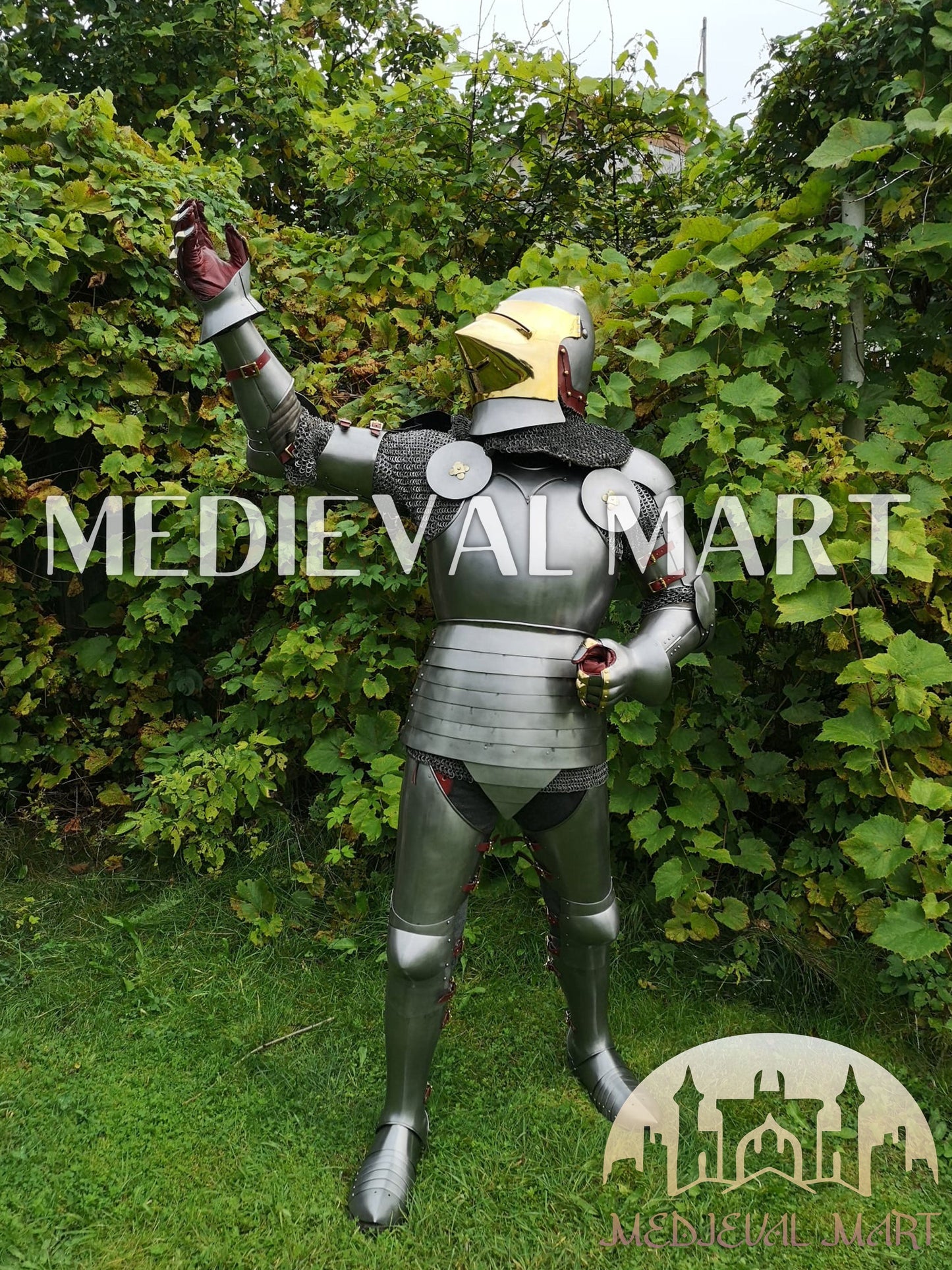 MEDIEVALMART 15th-Century English knight Warrior Gothic Plate Armor Costume W/H Gold Face Hounskull Helmet