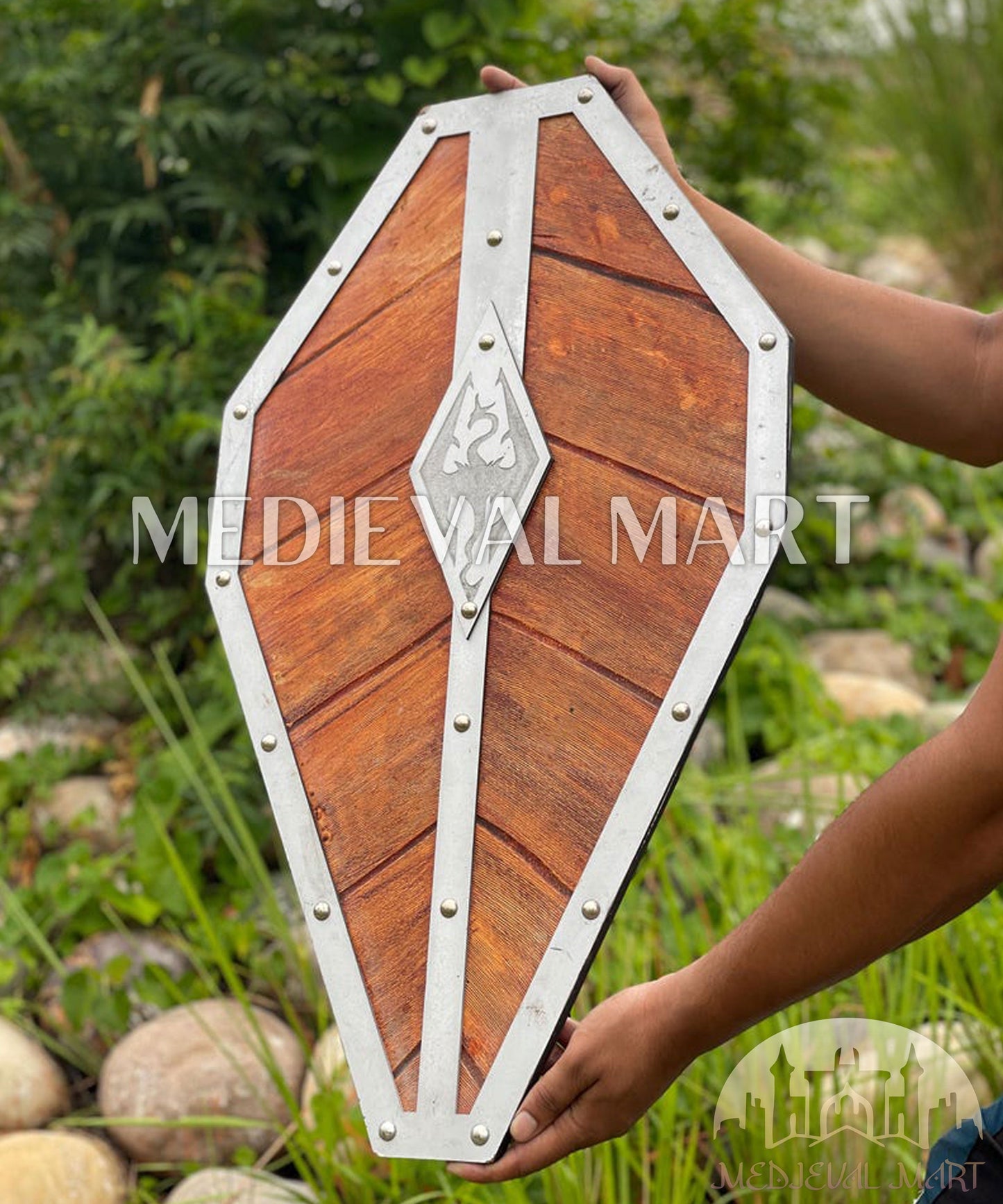 MEDIEVALMART Center Dragon Emblem Fireborn Viking Wooden Shield | Gift for Dad
