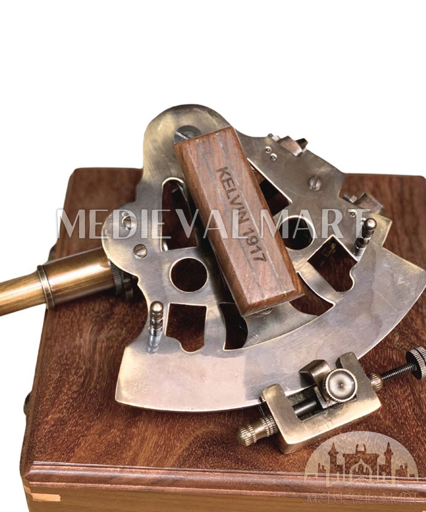 MEDIEVALMART Nautical Kelvin & Huges London 1917 Working Sextant W/H Wooden Box | Antique Maritime Navigational Instrument, Christmas Gifts