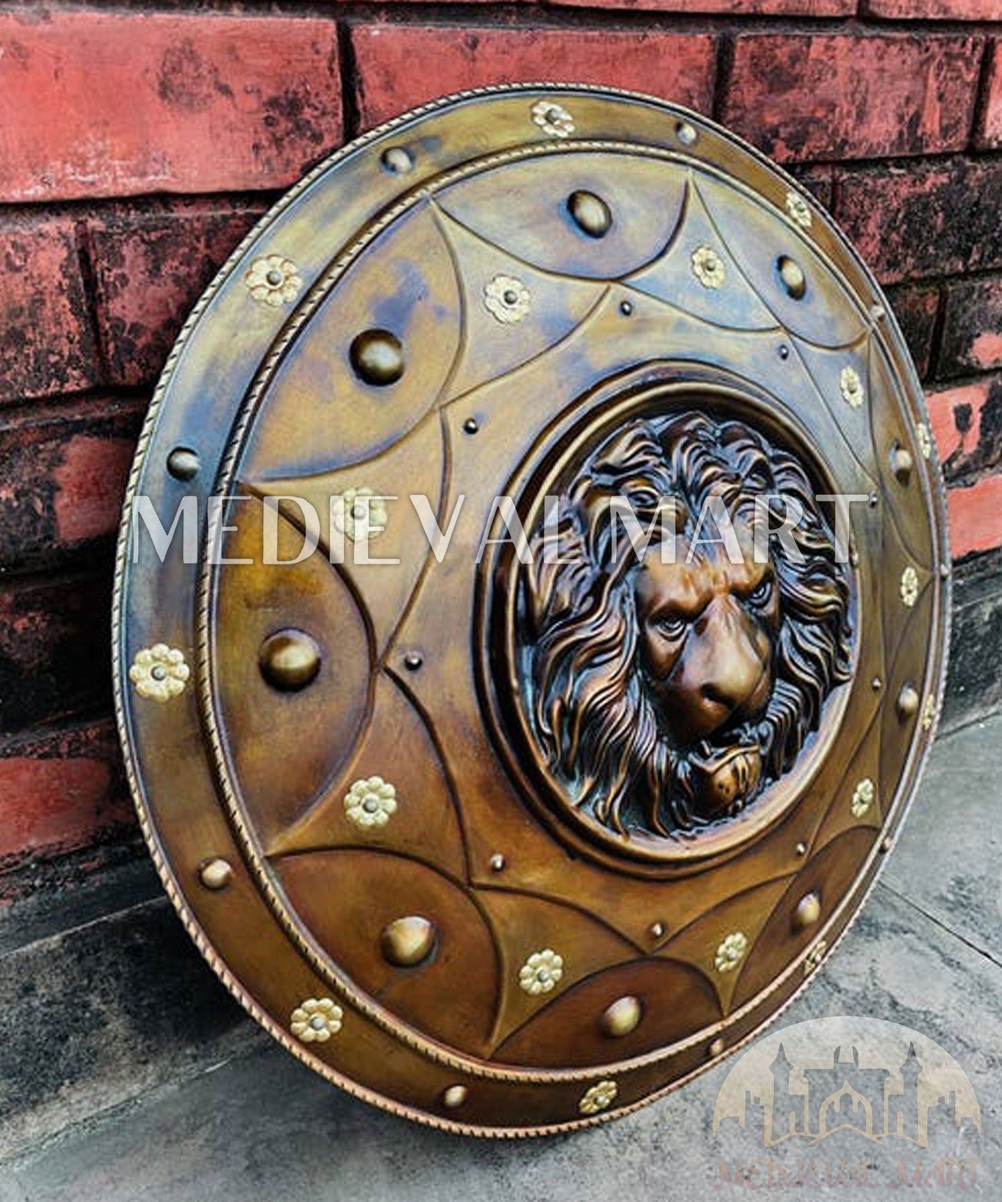 MEDIEVALMART Medieval Lion Face Spartan Shield Antique Finish | Gift For Dad