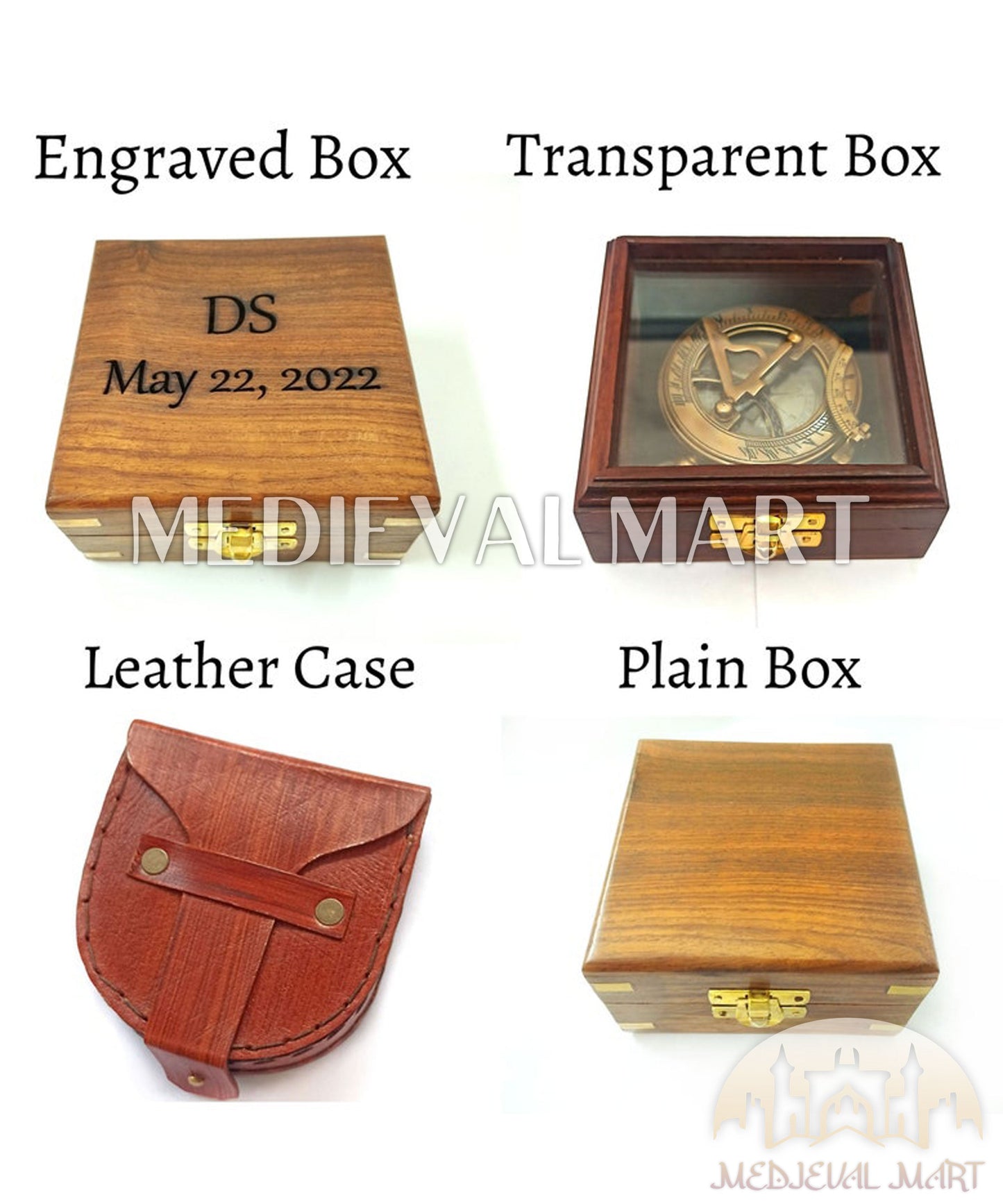 MEDIEVALMART Personal Engrave Sundial Clock Nautical Compass W/H Gen-1 Wooden Box | Gift For Her