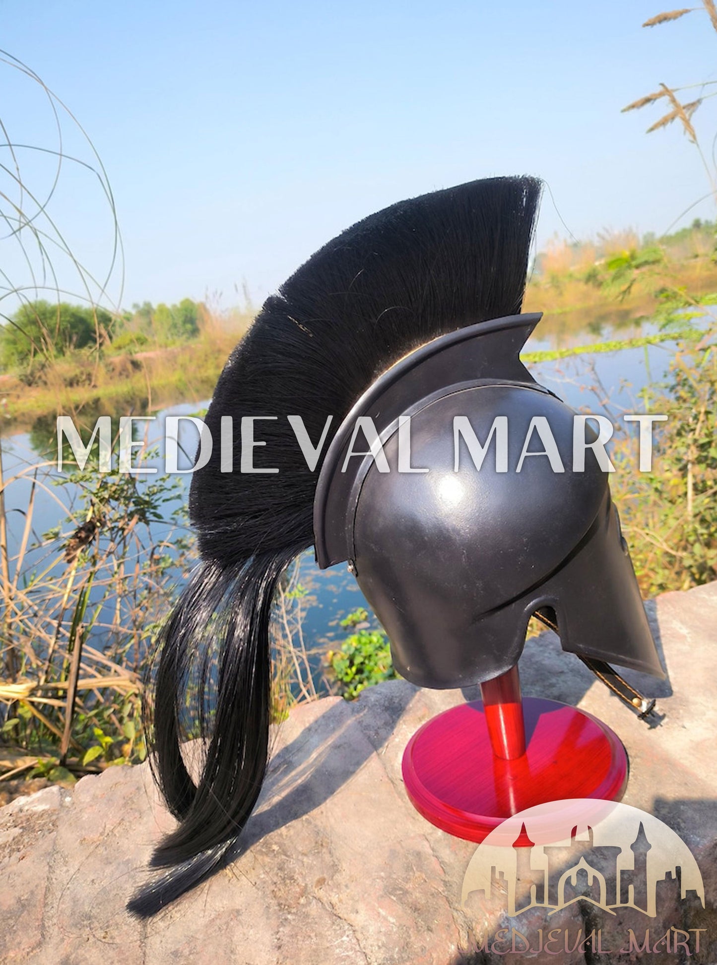 MEDIEVALMART Corinthian Greek Knight Crusader Black Finish Spartan Helmet W/H Free Stand | 300 Props
