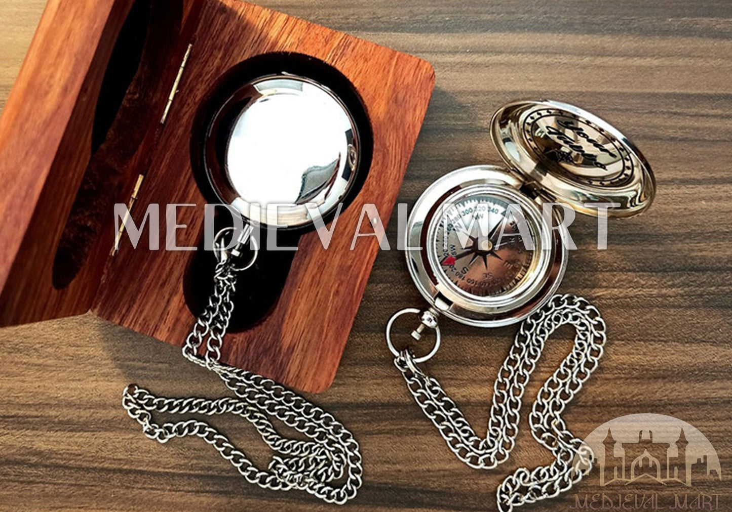 MEDIEVALMART Minimalist Nautical Cute Engrave Pocket Compass Chrome Finish W/H Gen-2 Wooden Case | Gift For Mom