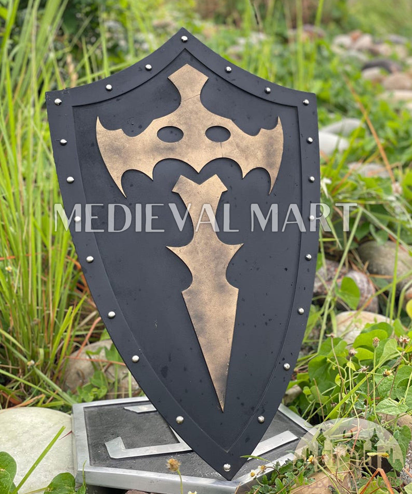 MEDIEVALMART Medieval Templar Bat Inspired Wooden Shield Black & Gold Finish | Gift for Christmas Day
