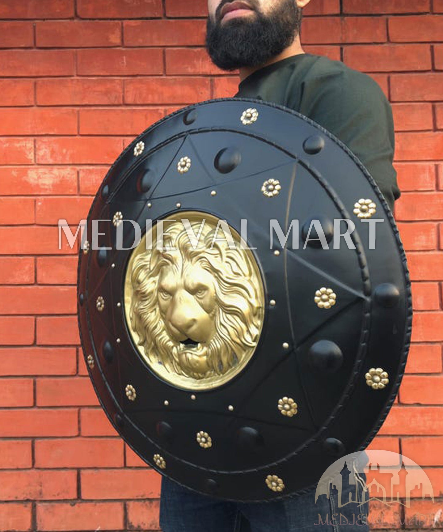 MEDIEVALMART Medieval Lion Face Spartan Shield W/H Black Finish | Gift For Dad