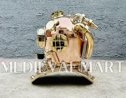 MEDIEVALMART High Textured Copper brass Diving Helmet With Wooden Base